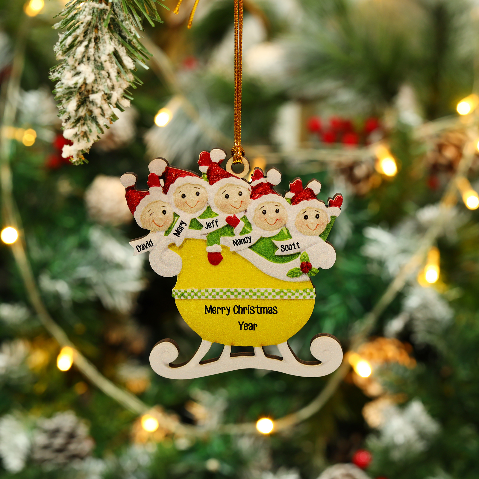 5 Names - Personalised Yellow Sleigh Family Christmas Ornament Customised Name & Text Wooden Hanging Ornaments Christmas Gift for Family-Jessemade AU