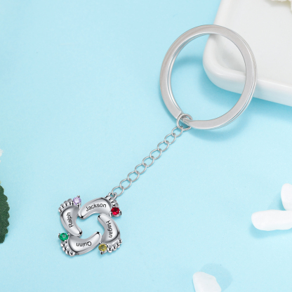 Personalised Baby Feet Keychain With 4 Birthstones Engraved names Keychain Gifts For Mother-Jessemade AU