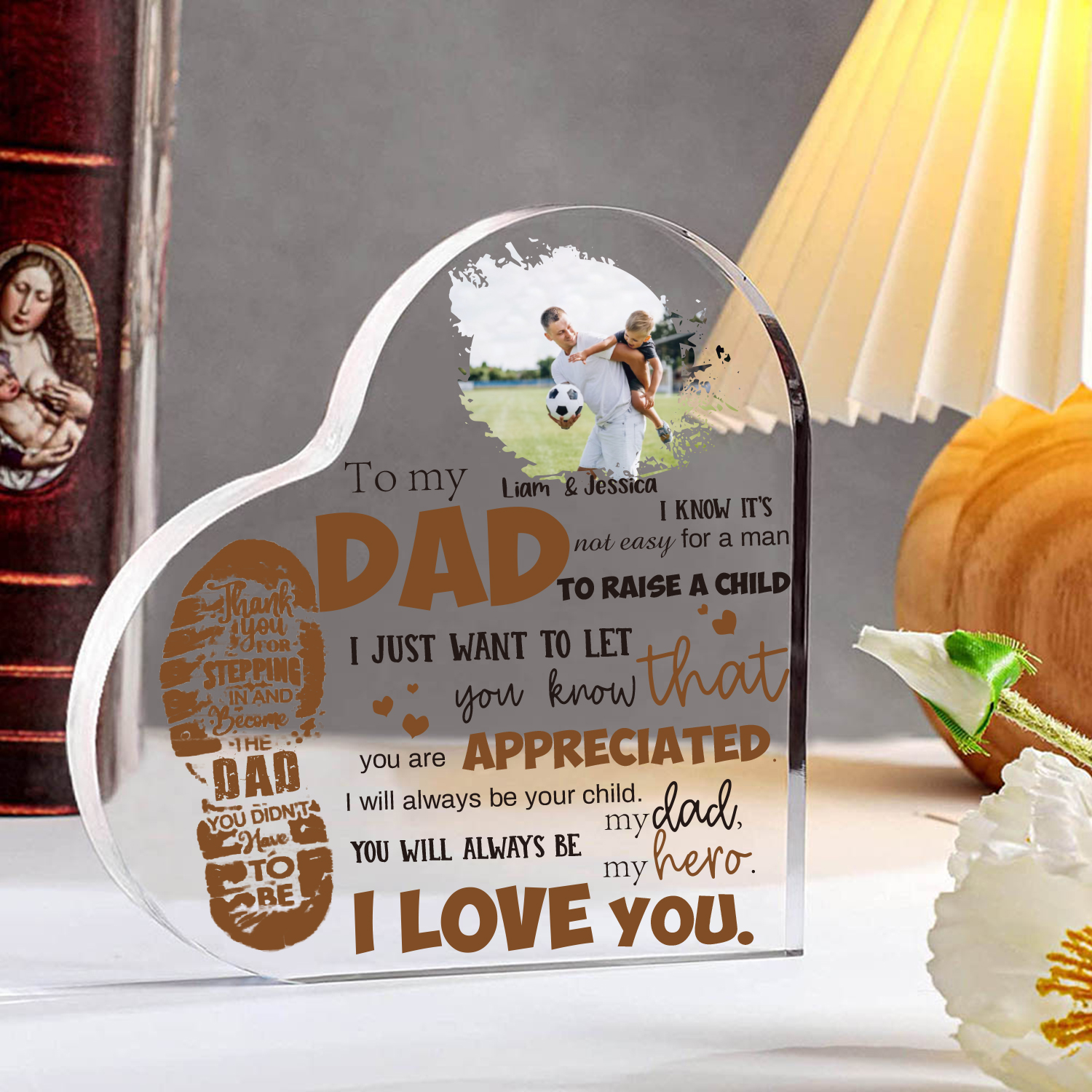 To My Dad Personalised Footprints Acrylic Heart Keepsake Custom Photo Sign Plaque - YOU WILL ALWAYS BE my dad, my hero-Jessemade AU