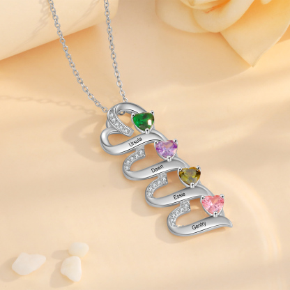Personalised S925 Silver Heart Necklace Custom 4 Birthstones and Names Gift for Her