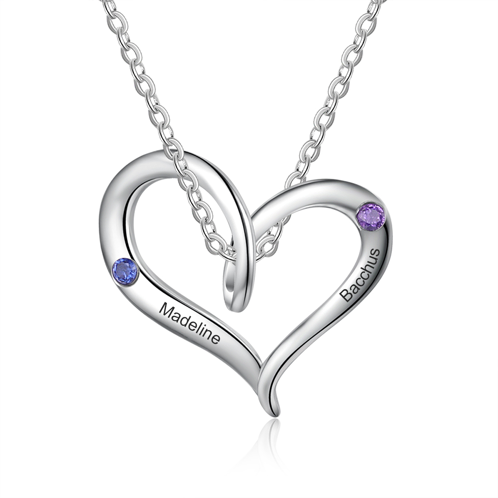 Personalised Heart Necklace With 1 Birthstone Engraved Names Gift For Her-Jessemade AU