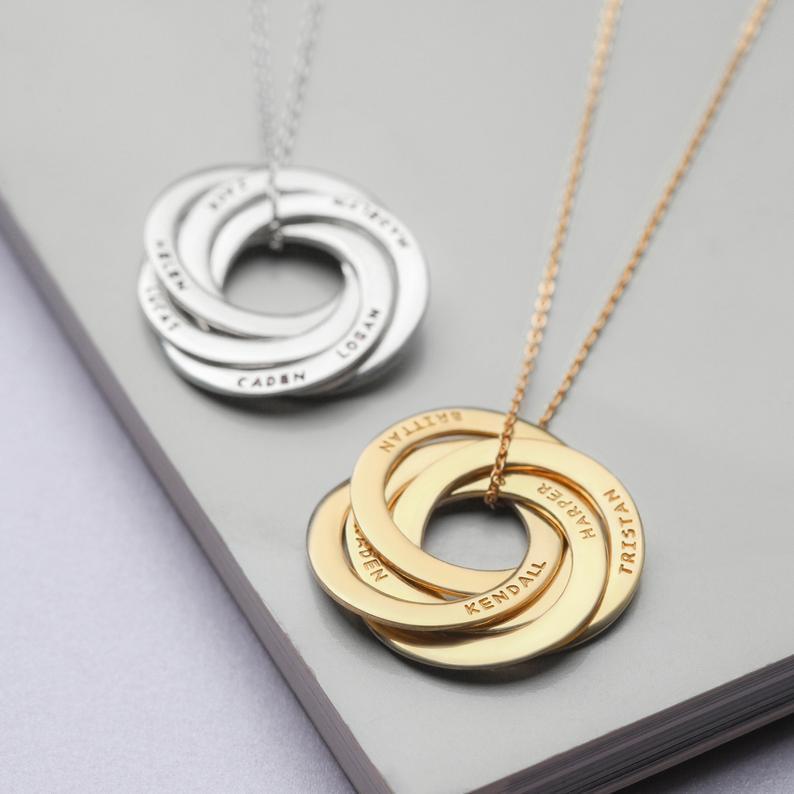 Personalised Mother Necklaces Engraved 5 Names Russian Ring Necklace With Copper-Jessemade AU