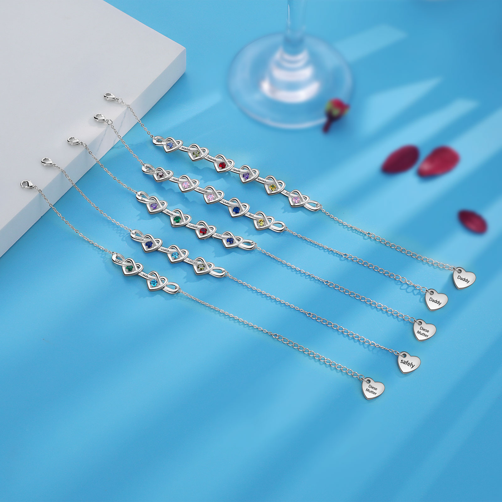 4 Names - Personalised Linked Heart Bracelet Custom 4 Birthstones Engraved Text Bracelets-Jessemade AU