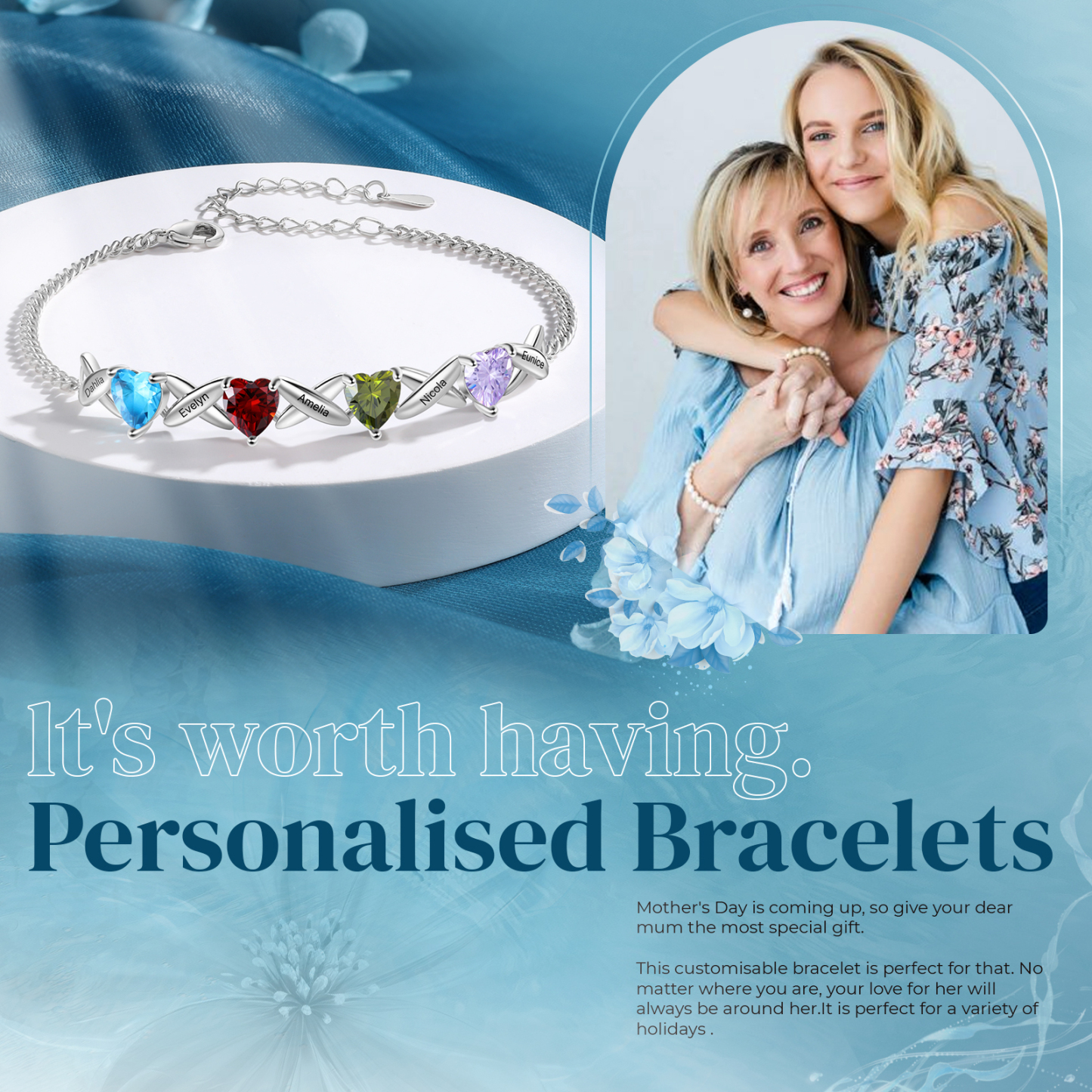 Custom 4 Birthstones Bracelet Engraved 5 Names Bracelet Personalised Birthday Gift for Her-Jessemade AU
