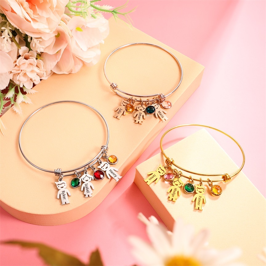 Women Bangle Bracelet with Kids Charms 3 Birthstones Engraved 3 Names Rose Box Set-Jessemade AU
