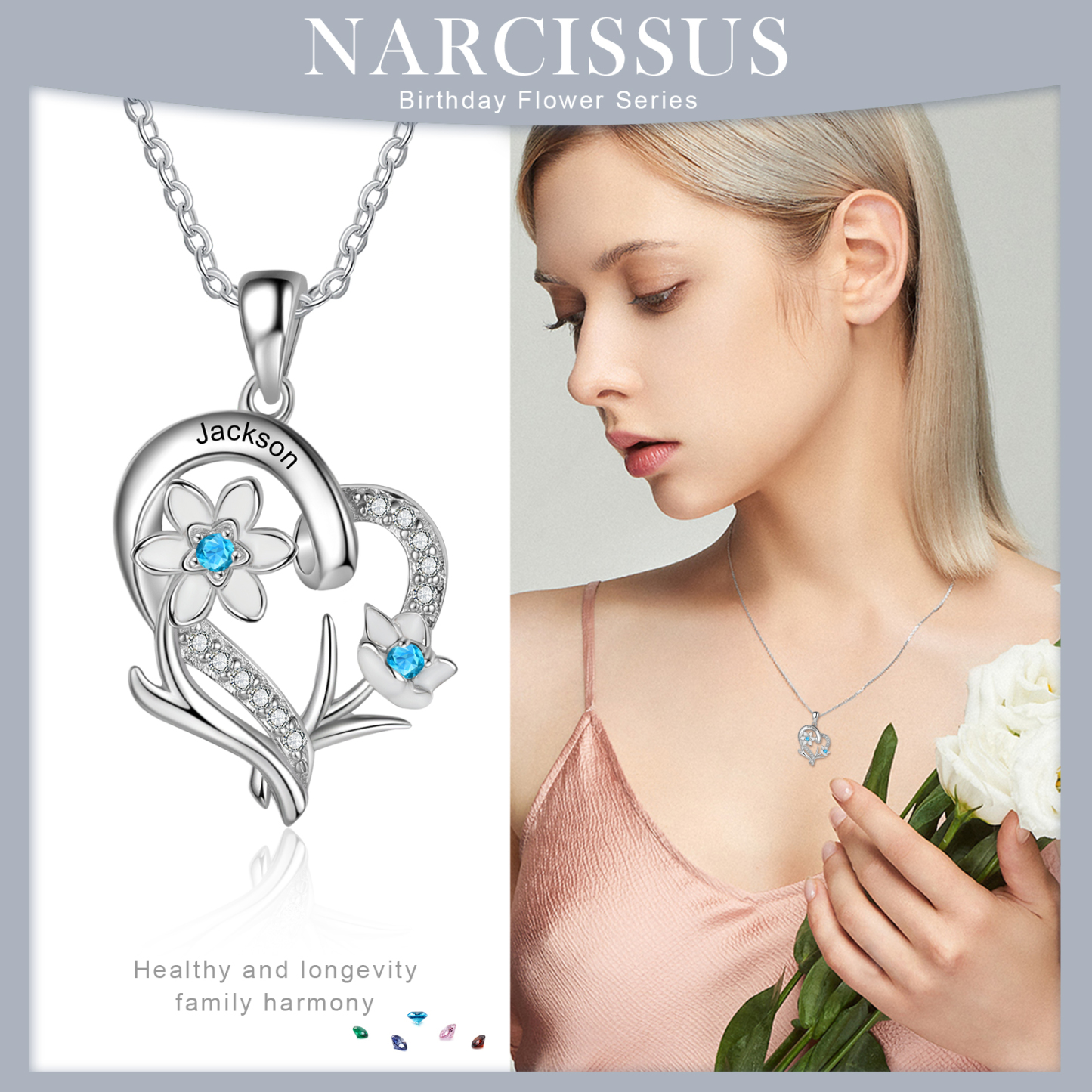 Personalised March Birthflower Necklace With Birthstones Custom 1 Name Necklace For Her-Jessemade AU