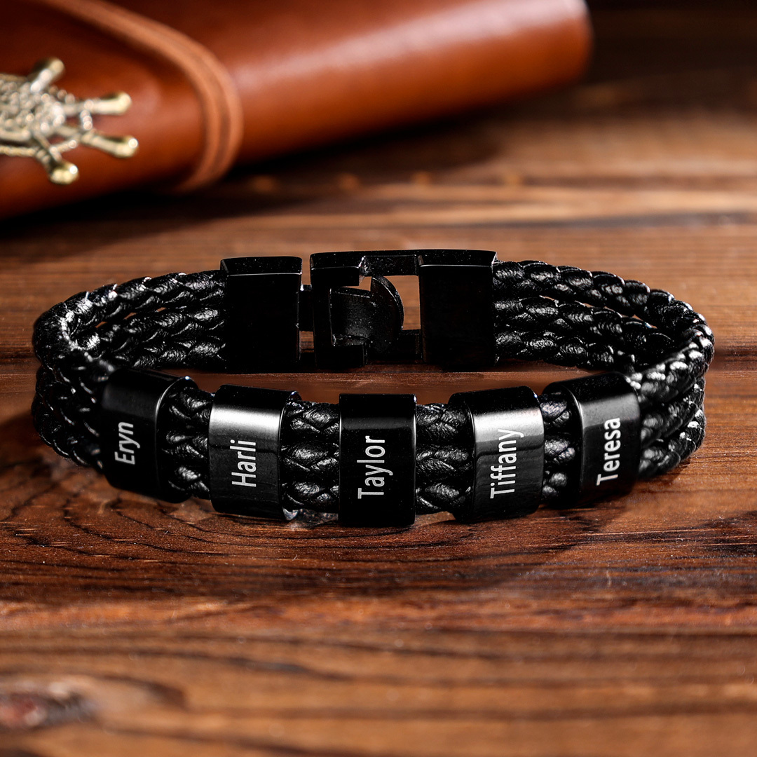 Personalised Braided Leather Bracelet Engraved 6 Names Men's Bracelet Gifts For Him-Jessemade AU