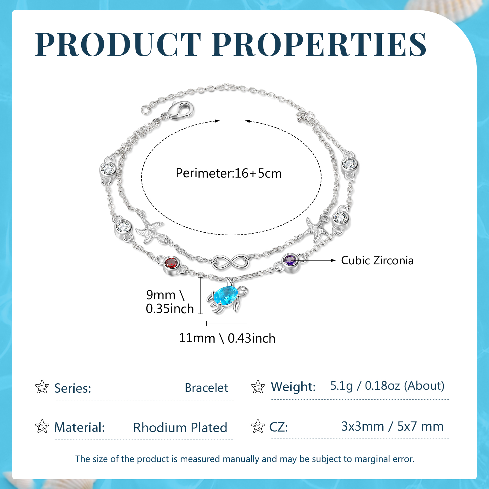 Personalised Women's Bracelet Custom 2 Birthstones Bracelet Sea Turtle Adjustable Bracelet Birthday Gift for Her-Jessemade AU