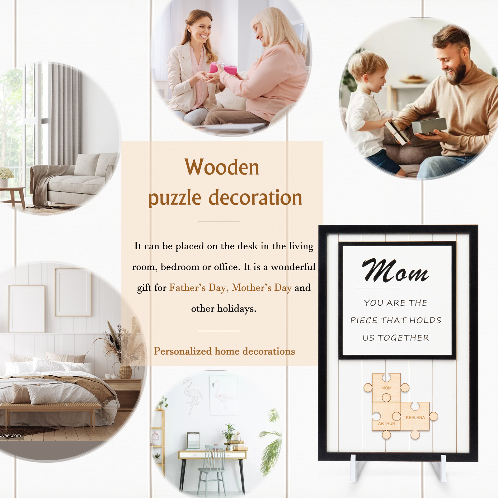 Mom Puzzle Sign Personalised 3 Names Wooden Sign Family Gifts-Mom You Are the Piece that Holds Us Together-Jessemade AU