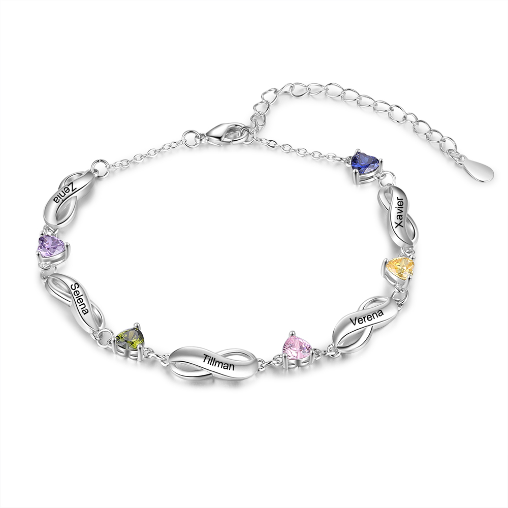 Personalised Infinity Bracelet With 5 Birthstones Engraved Names Bracelet Gift For Women