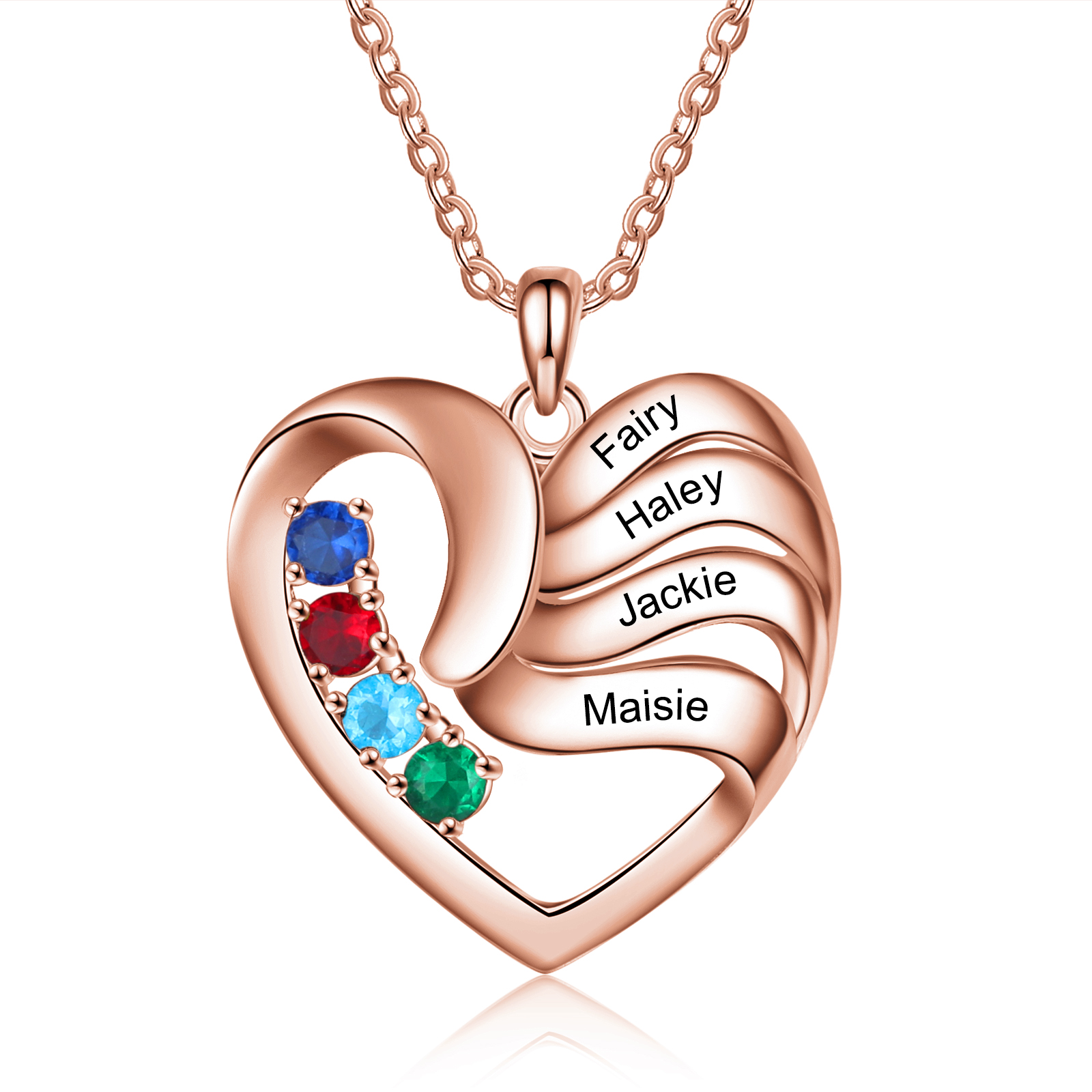 Customised Heart Necklace With 4 Birthstones Engraved Names Family Necklace Gifts for Her-Jessemade AU