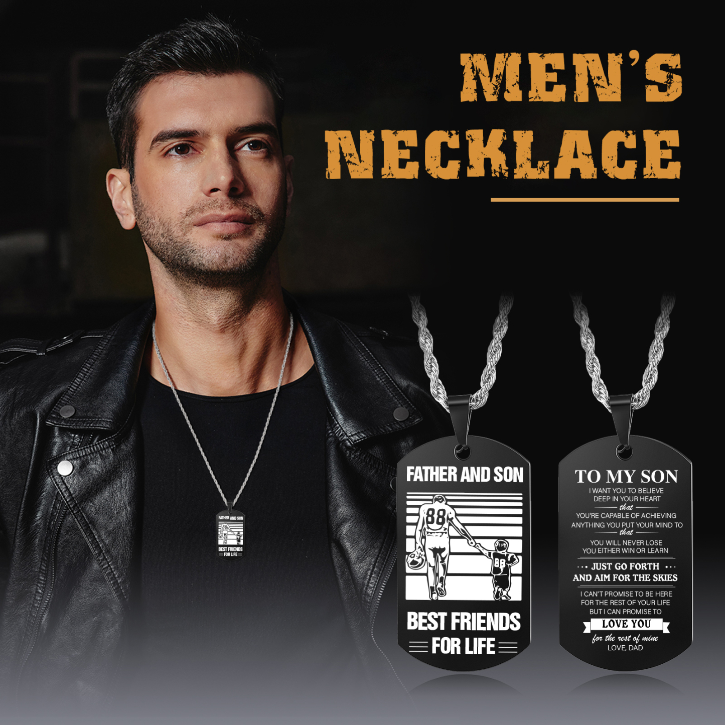 To My Son Necklace Black Dog Tag Necklace Dad to Son Football Necklace "Father And Son Best Friends For Life"-Jessemade AU