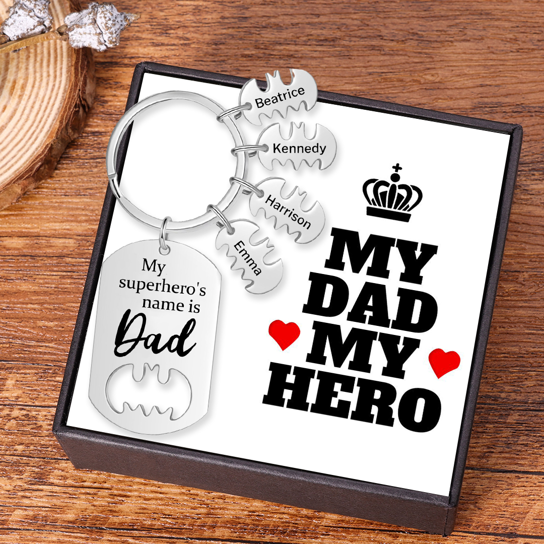Personalised 4 Names Bat Keychain Father Keychain Gifts for Batman Dad My Superhero's Name Is Dad-Jessemade AU