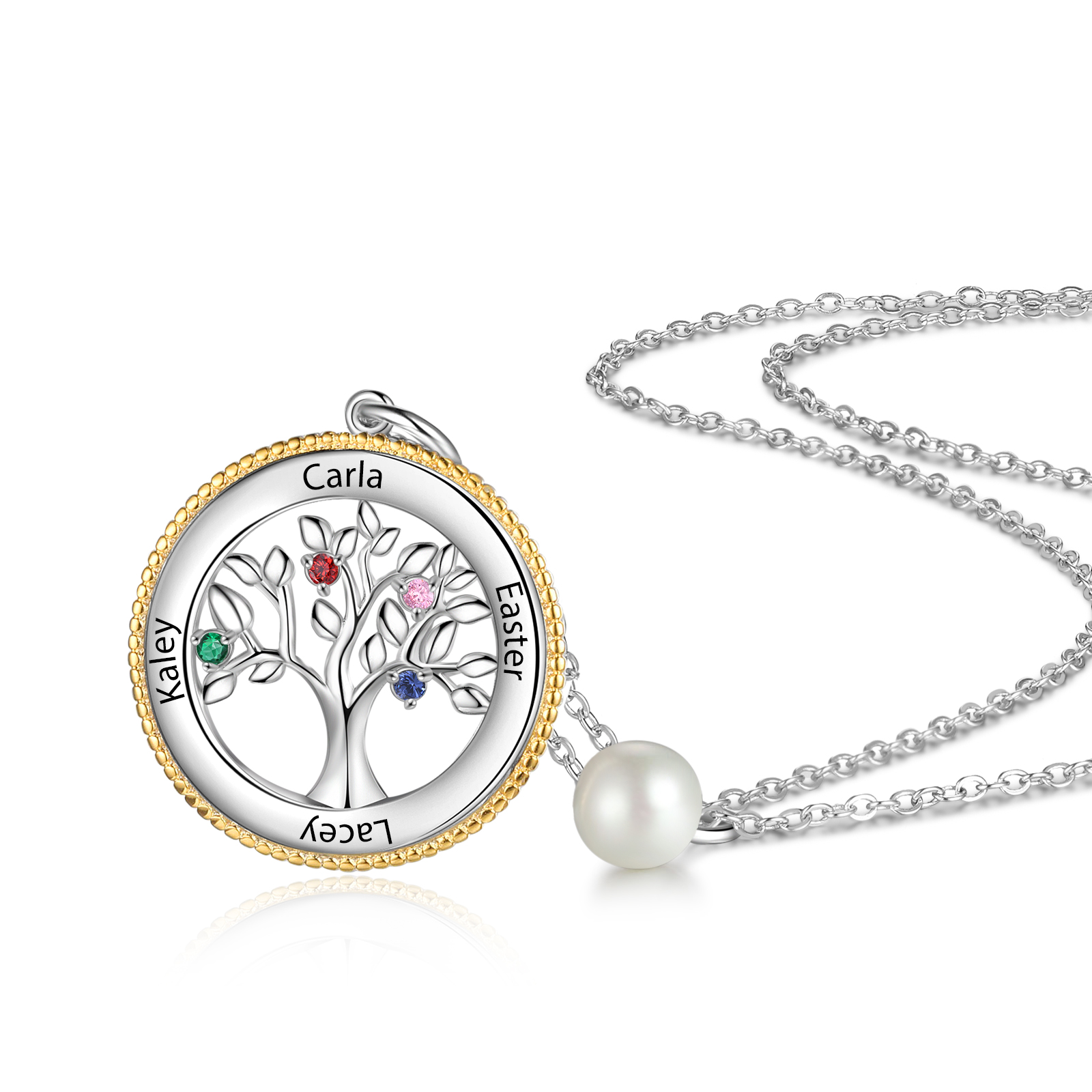 Personalised Family Tree Necklace With 4 Birthstones Engraved Names Necklace Gift For Women-Jessemade AU