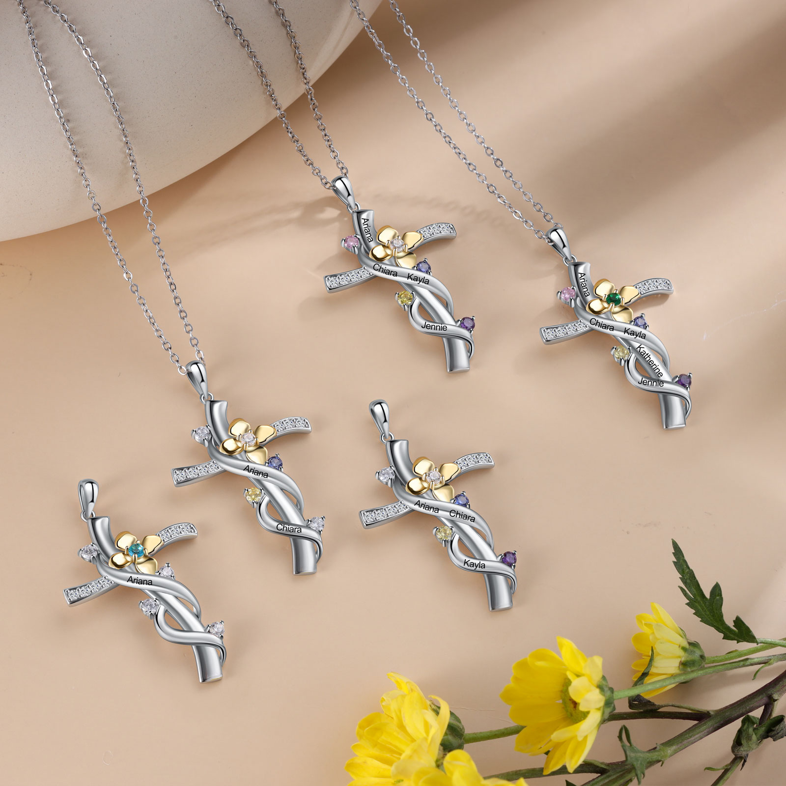 Personalised Faith Cross Necklace With Names Custom 4 Birthstones Flower Necklace Gifts for Women-Jessemade AU