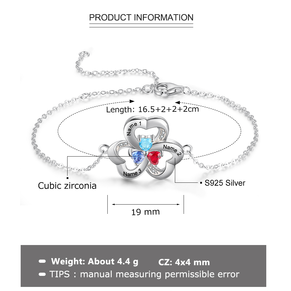 Personalised Heart Bracelet With 4 Birthstones Engraved Names Bracelet Gift For Women-Jessemade AU