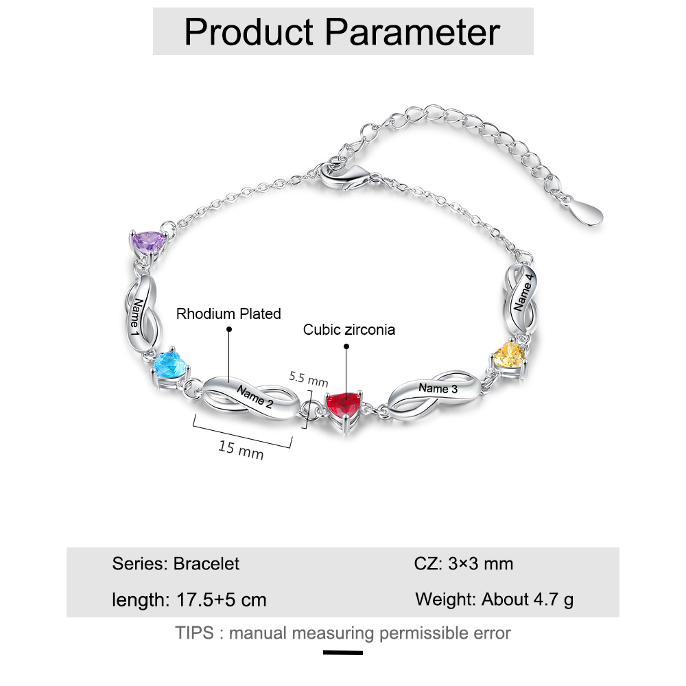 Personalised Infinity Bracelet With 4 Birthstones Engraved Names Bracelet Gift For Women-Jessemade AU