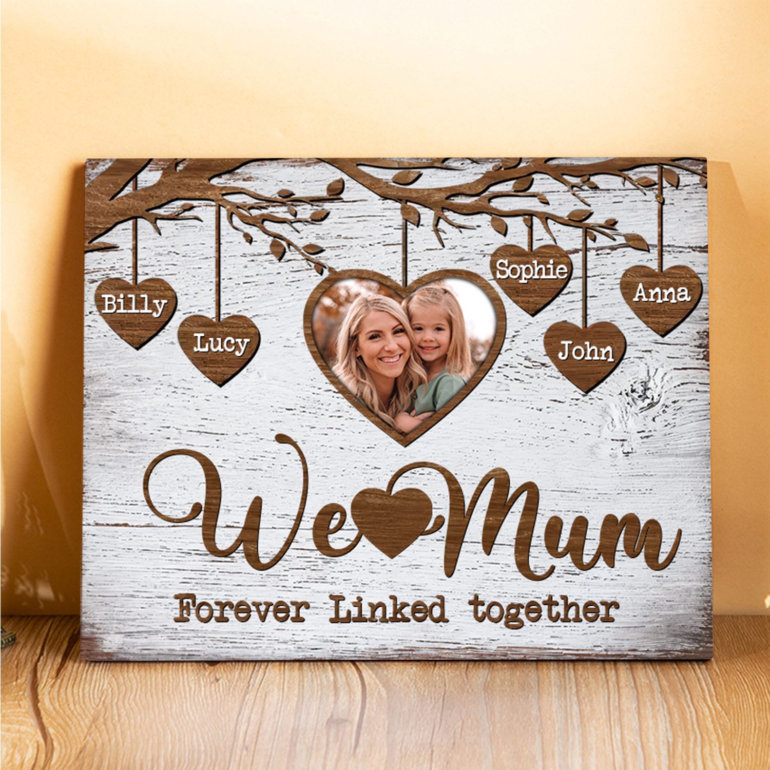 Personalised 5 Names & 1 Photo Wooden Plaque Custom Family Tree Home Decor Mother's Day Gifts - We Love Mum, Forever Linked Together-Jessemade AU