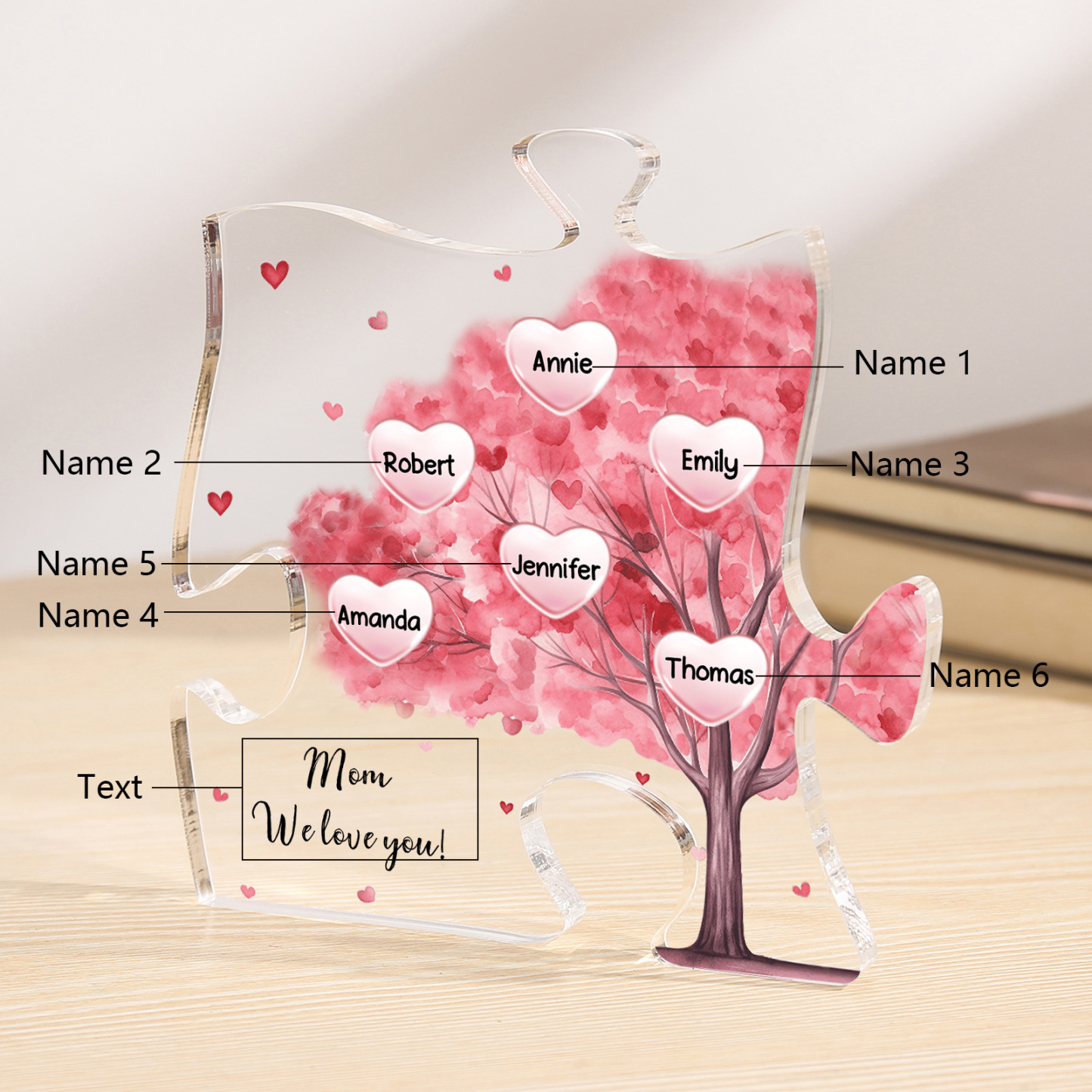 Personalised Acrylic Puzzle Plaque Custom 6 Names & 1 Text Pink Tree Family Ornament Gift for Mum/Nan-Jessemade AU