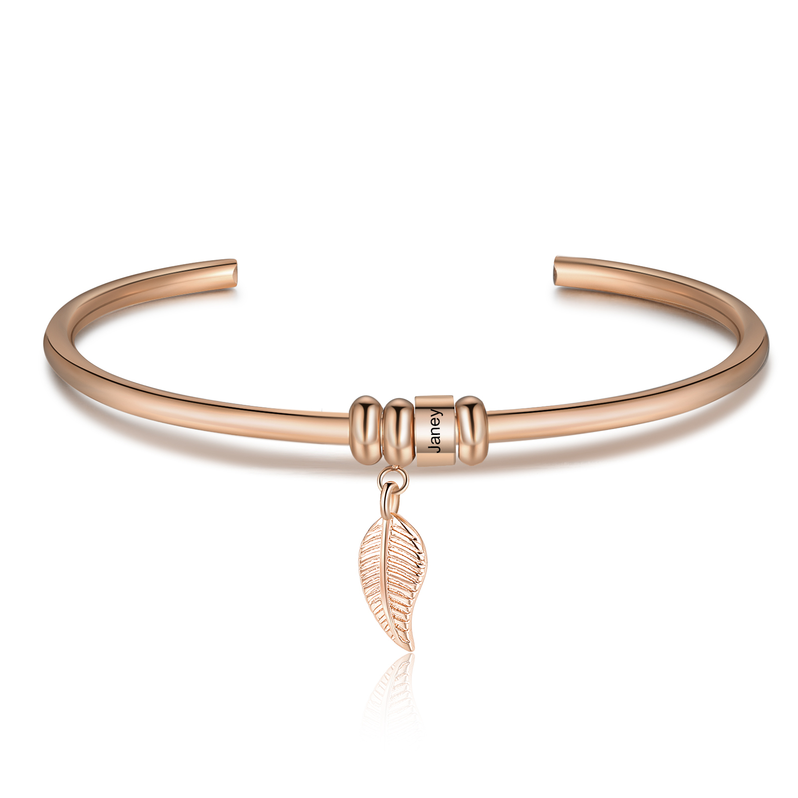 Women Bangle Bracelet with Leaf and Beads Engraved 1 Name Rose Gifts for Mother
