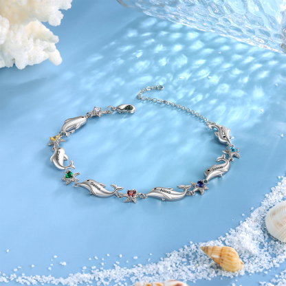 Animal Bracelet Personalised Dolphin Bracelet With 5 Birthstones Engraved Names Starfish Charm Gifts For Her-Jessemade AU