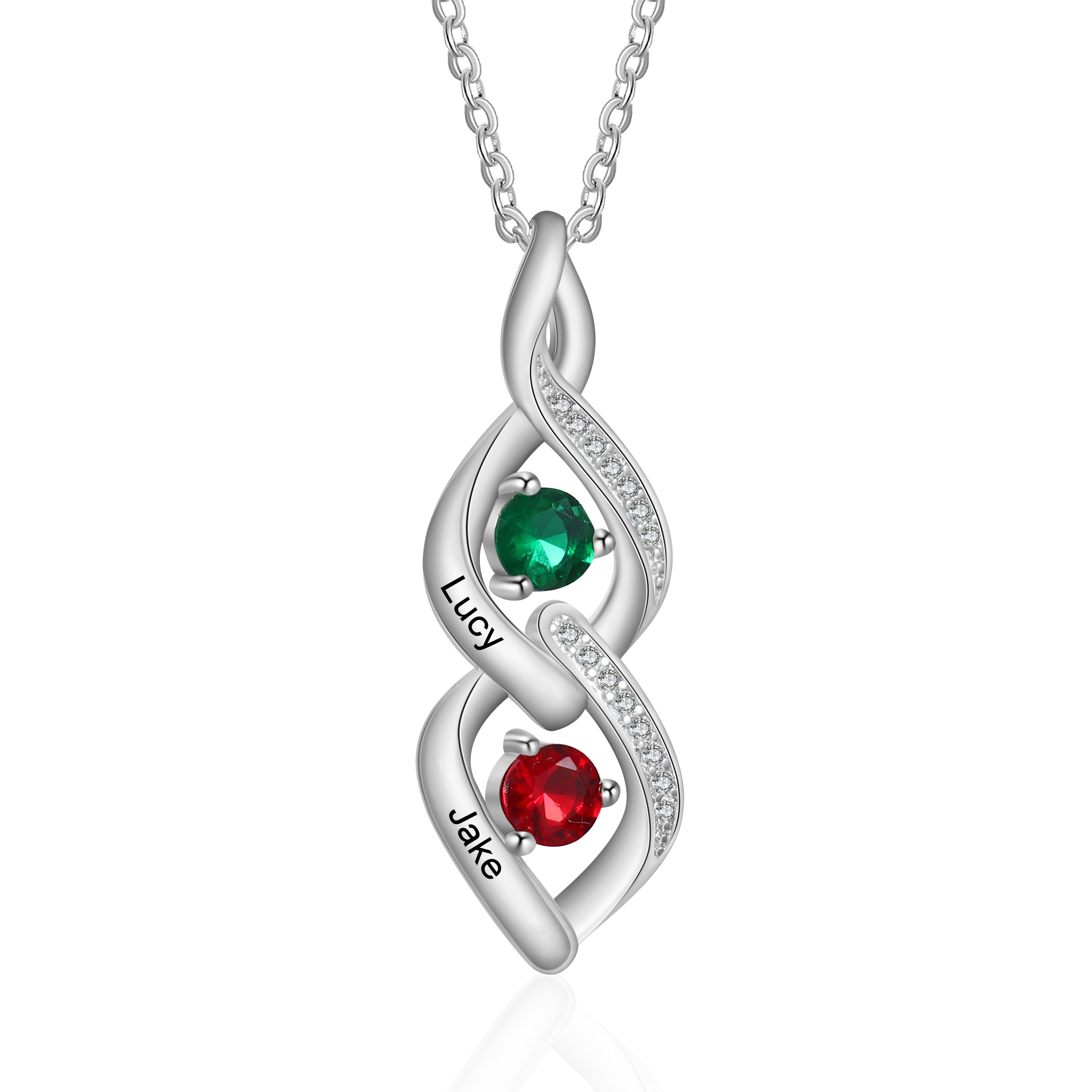 Personalised Twisted Pendant Necklace Custom 2 Birthstones & 2 Names Necklace