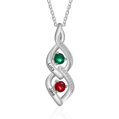 Personalised Twisted Pendant Necklace Custom 2 Birthstones & 2 Names Necklace