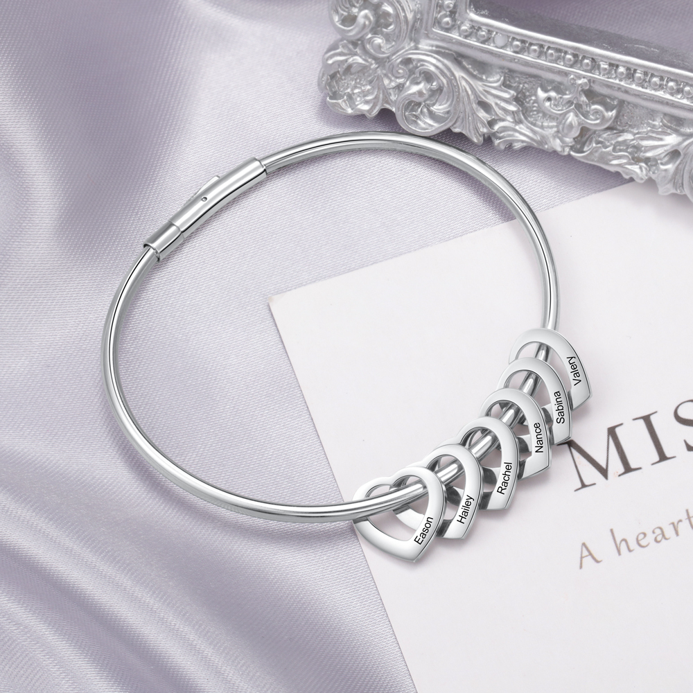 Personalised Love Bracelet with 5 Heart Charms Engraved 5 Names Bangle Bracelet for Her-Jessemade AU
