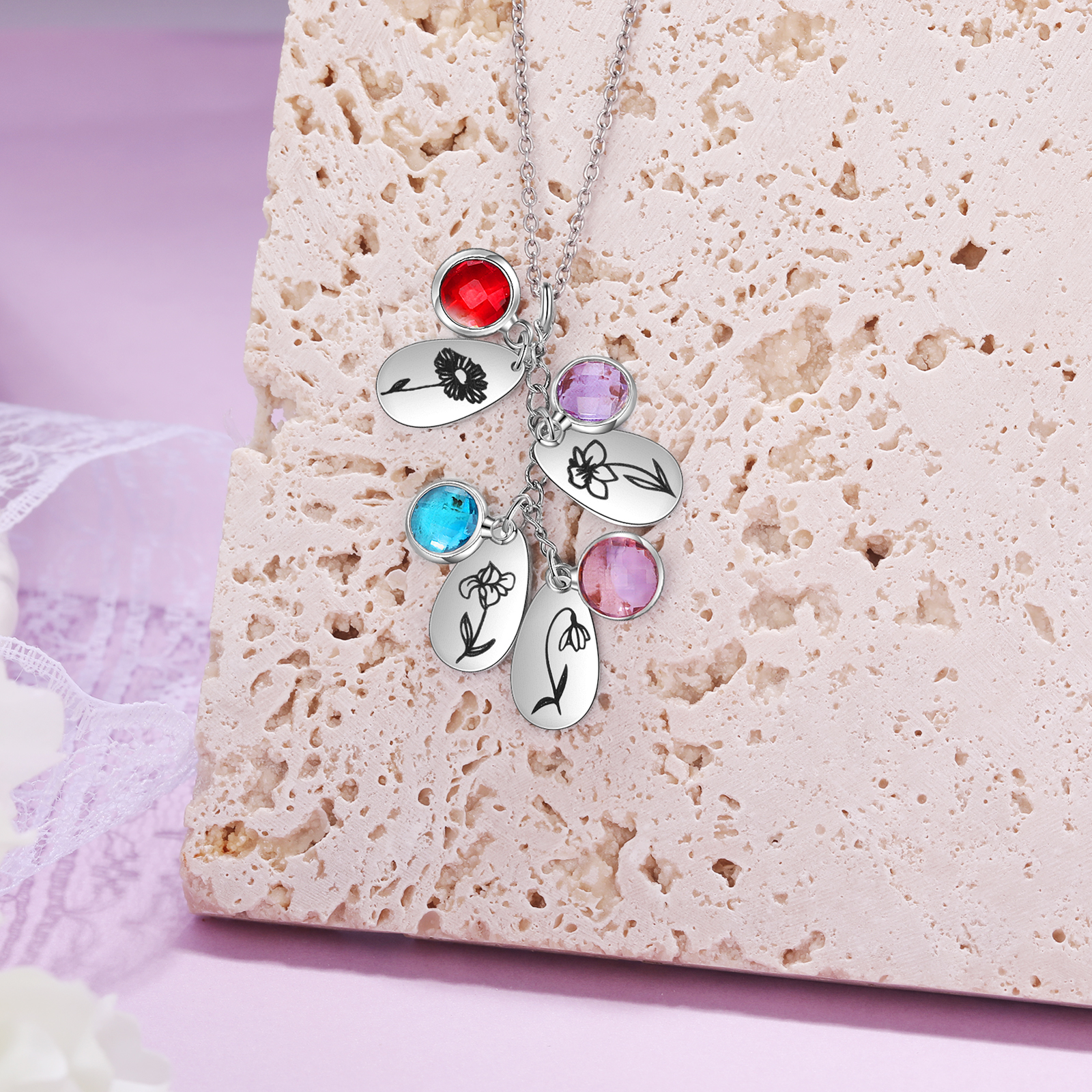Personalised BirthFlowers Necklace With 4 Birthstones Best Gift For Women-Jessemade AU