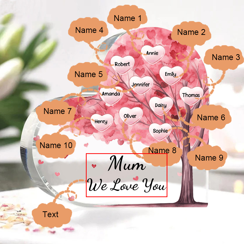 10 Names - Personalised Acrylic Heart Keepsake Custom Text Pink Tree Ornaments Gifts for Grandma/Mother-Jessemade AU