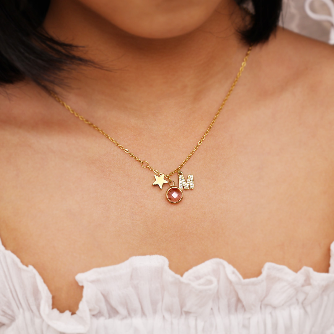 Back To School Personalised Necklace Custom Birthstone and Initial Star Pendant Necklace-Jessemade AU