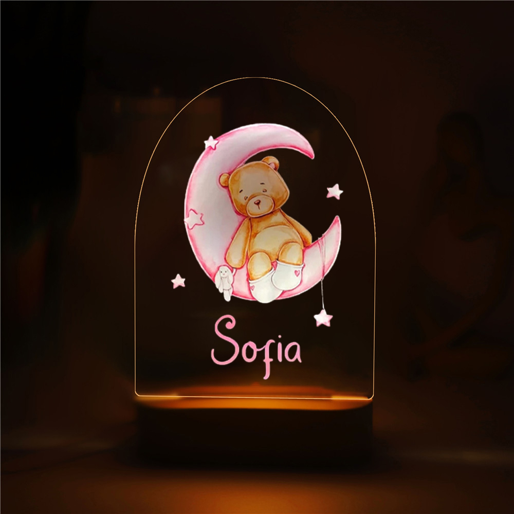 Personalised Bear and Moon Night Light Custom Name LED Lamp Baby Gift for Kids-Jessemade AU