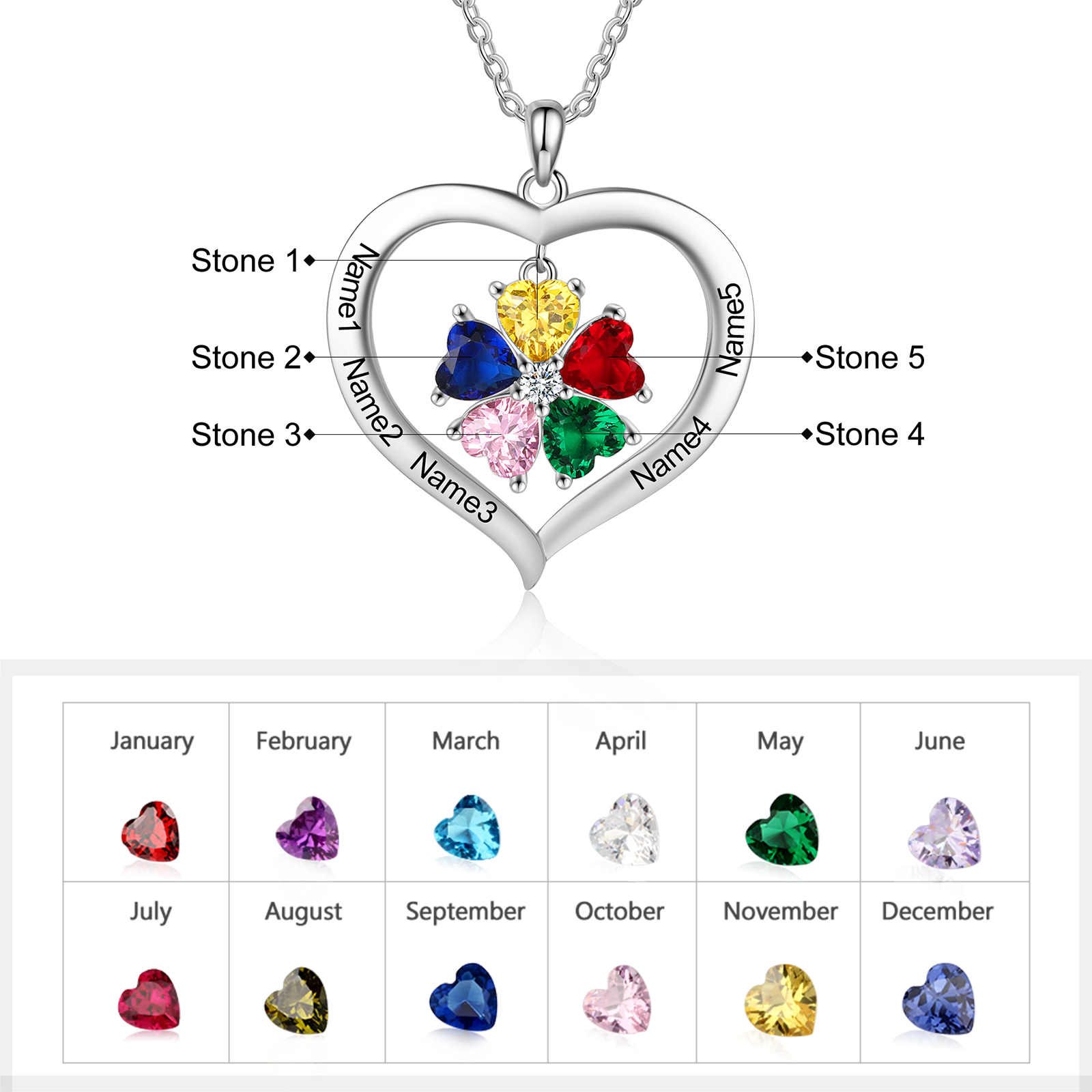 Personalised Necklace With 5 Heart Birthstone Engraved Names Heart Necklace Gift For Women-Jessemade AU