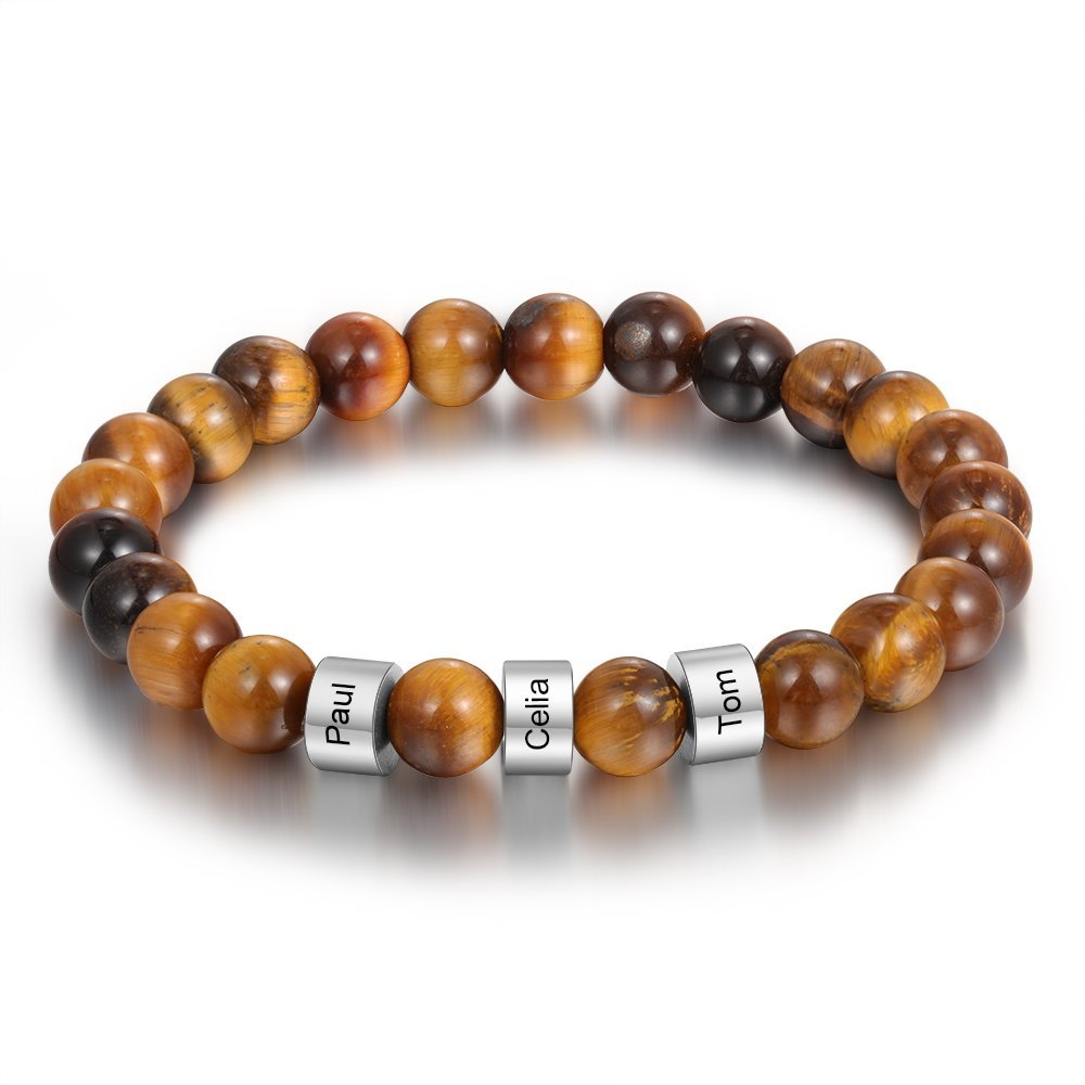 Brown Tiger Eye Men's  3 Name Bracelet Gift For Him-Jessemade AU