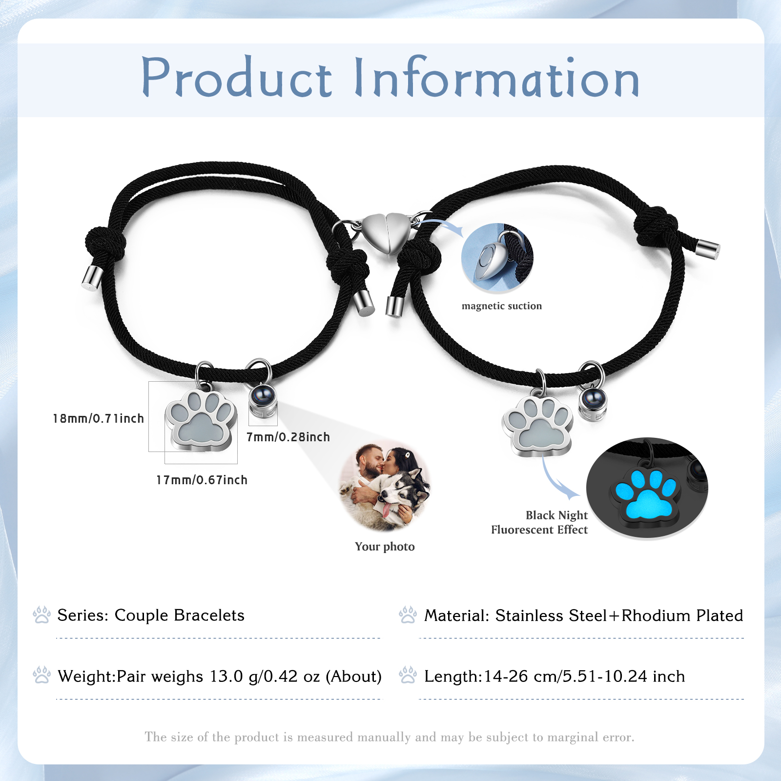 Personalised Photo Projection Bracelet Set Dog Paw Fluorescent Magnetic Bracelet Matching Gifts For Couples/Friends-Jessemade AU