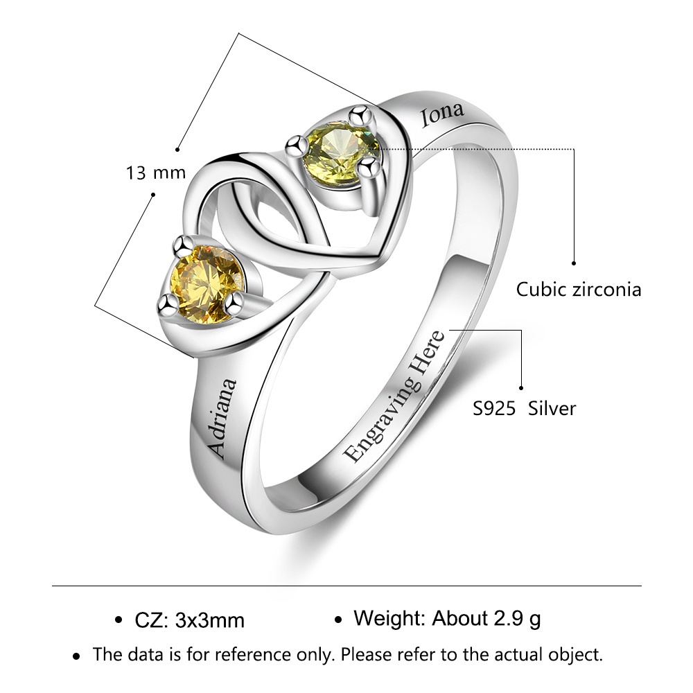 Promise Ring Personalised with 2 Hearts Birthstones Ring Engraved 2 Names Gifts for Her-Jessemade AU