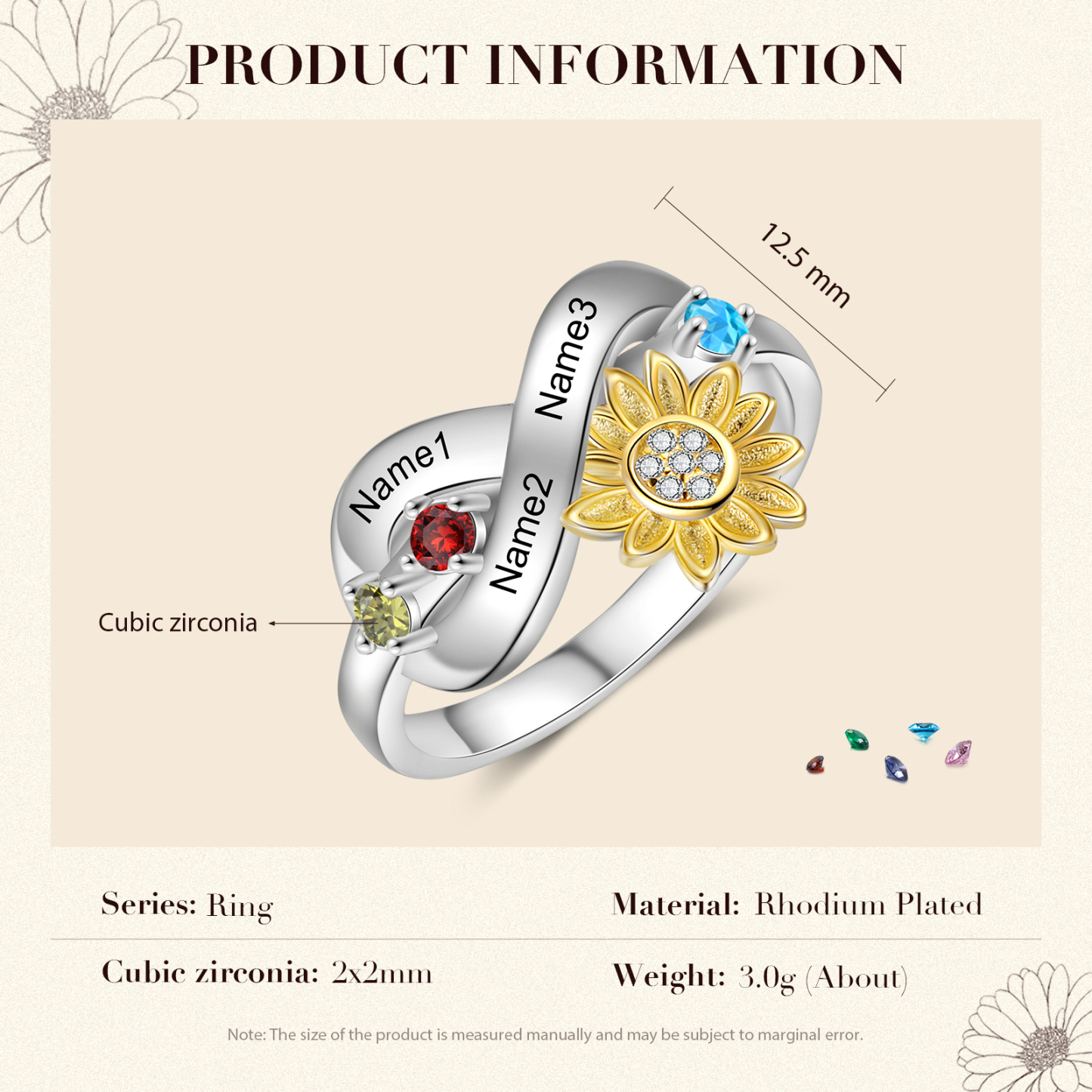 Personalised 3 Birthstones Sunflower Ring Engraved Names Infinity Ring Gifts For Her-Jessemade AU