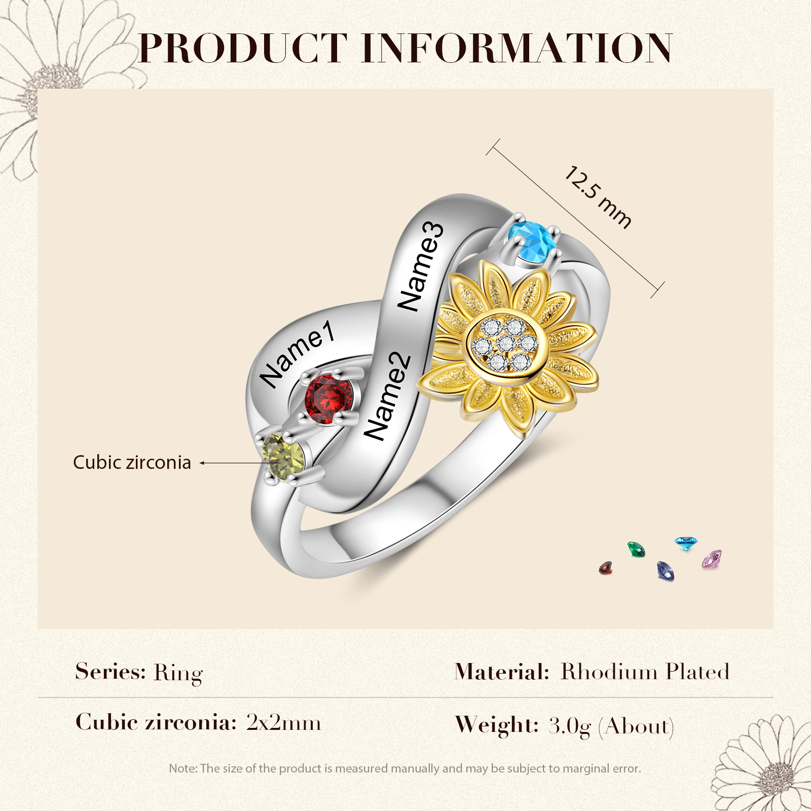 Personalised 3 Birthstones Sunflower Ring Engraved Names Infinity Ring Gifts For Her-Jessemade AU