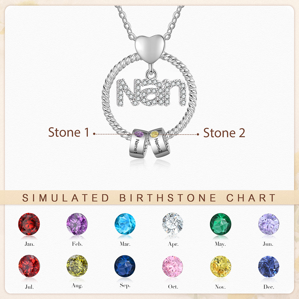 2 Names - Personalised Nan Necklace Custom Names & Birthstones Circle Pendant Necklace Gift for Grandma Nanna