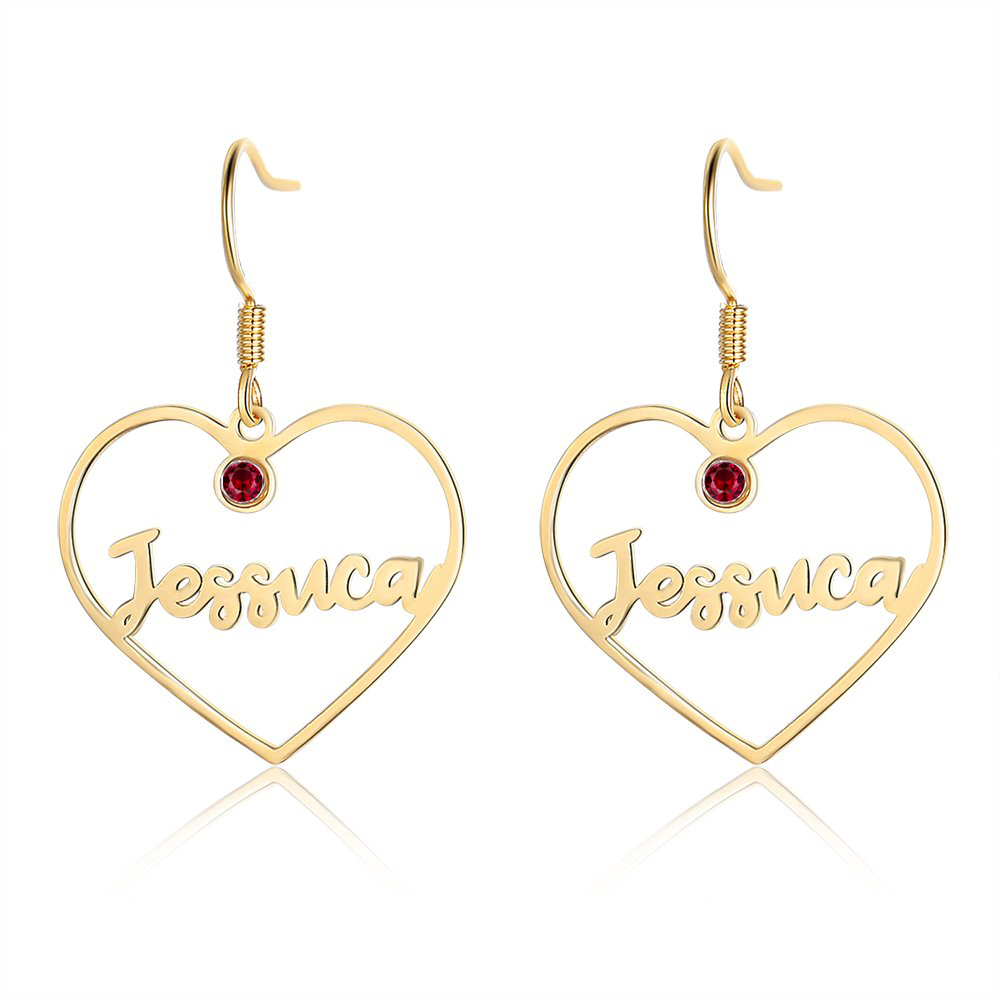 Personalised Big Heart Earring with Birthstones Customised 1 Name Gifts for Her-Jessemade AU