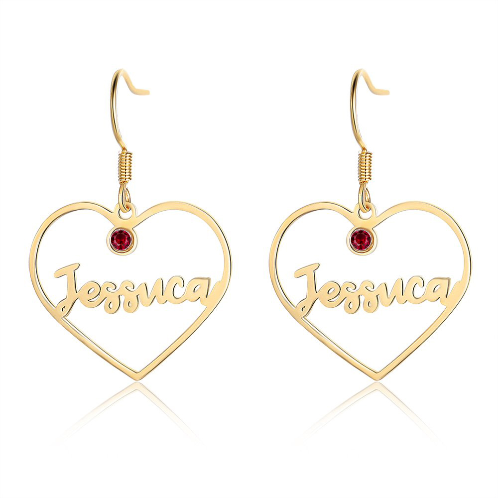 Personalised Big Heart Earring with Birthstones Customised 1 Name Gifts for Her-Jessemade AU
