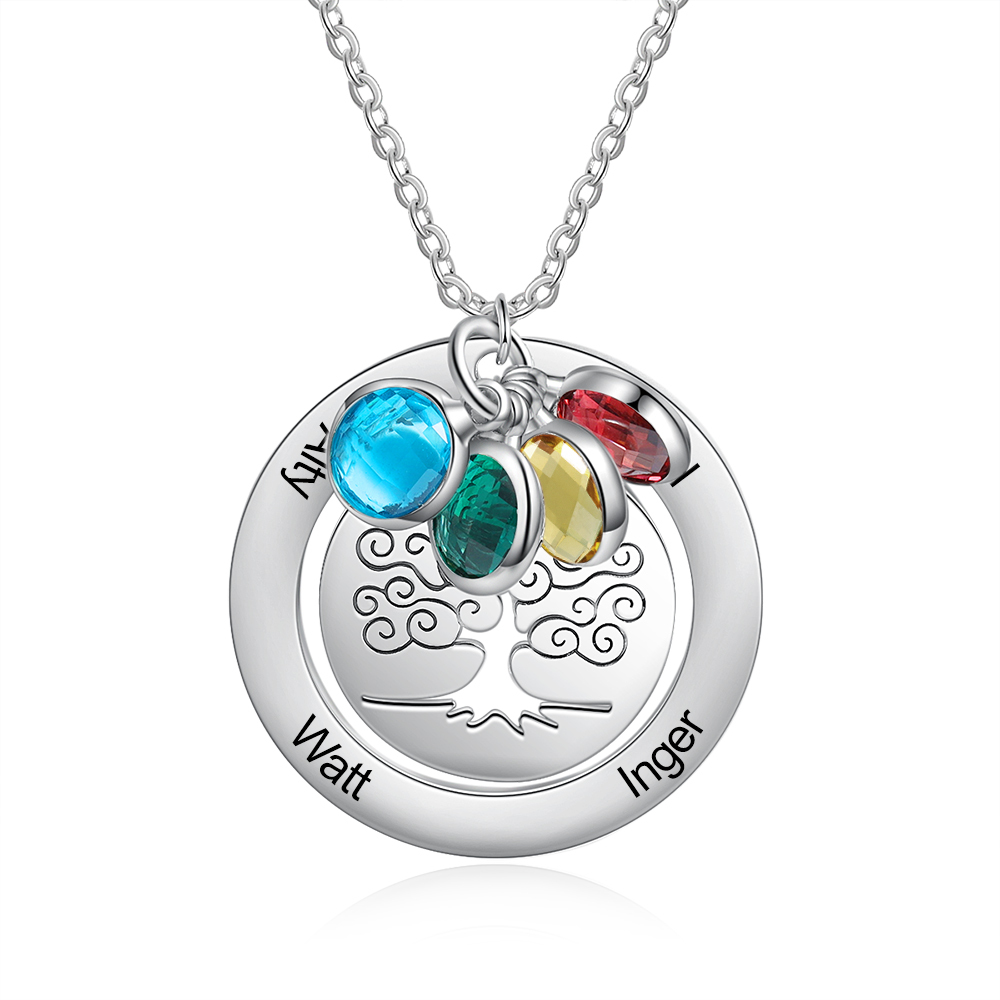 Personalised Family Tree Necklace with 4 Birthstones Engraved Names Gift For Women-Jessemade AU
