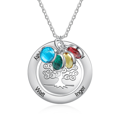 Personalised Family Tree Necklace with 4 Birthstones Engraved Names Gift For Women-Jessemade AU