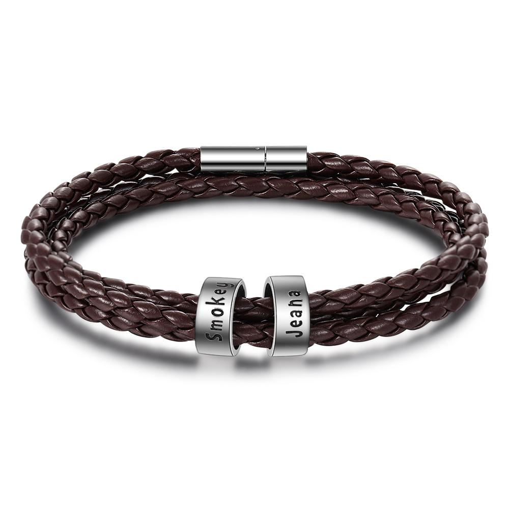 Leather Braided Bracelet Men Bracelets Personalised 2 Names 2 Beads Gift For Dad-Jessemade AU