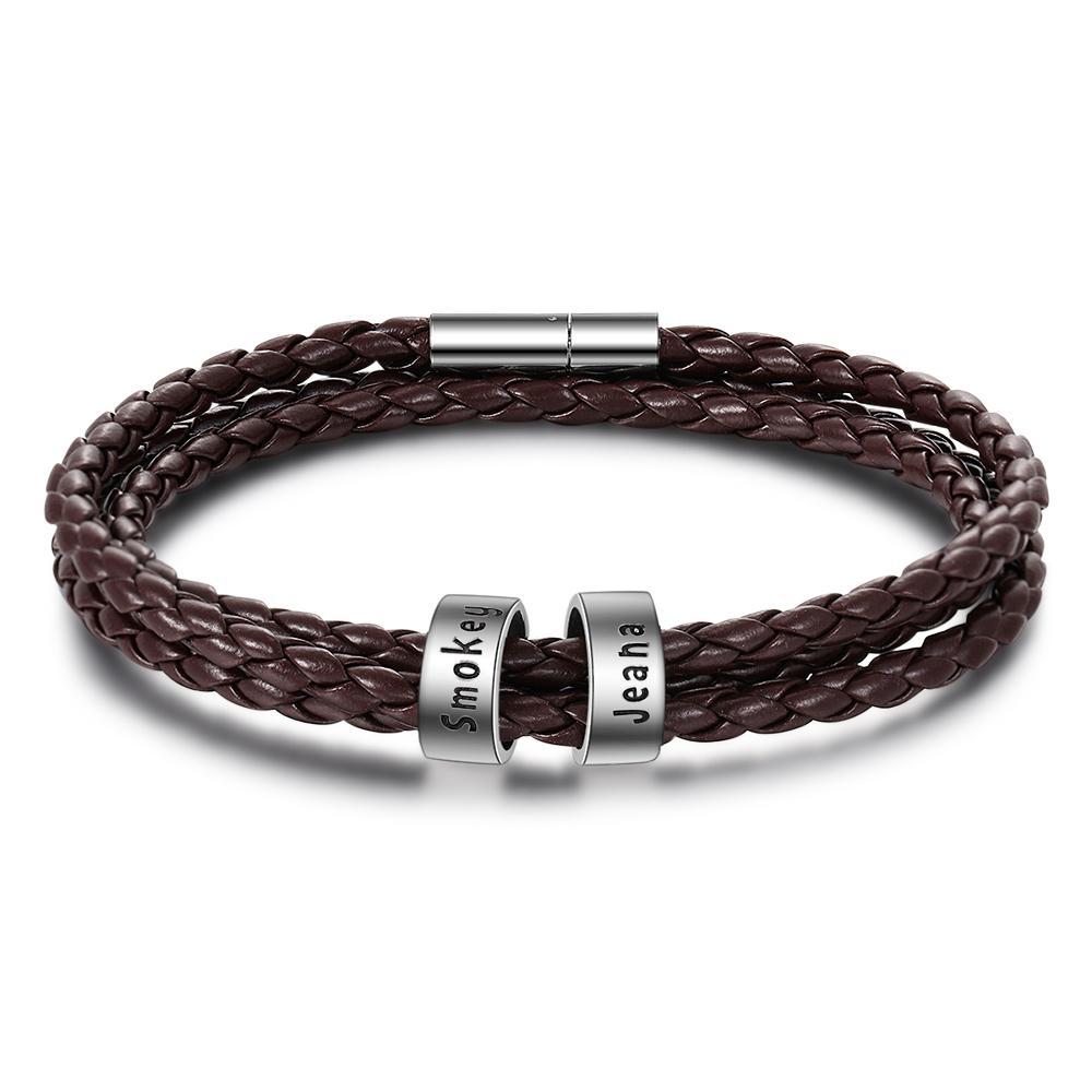 Leather Braided Bracelet Men Bracelets Personalised 2 Names 2 Beads Gift For Dad-Jessemade AU