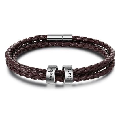 Leather Braided Bracelet Men Bracelets Personalised 2 Names 2 Beads Gift For Dad-Jessemade AU