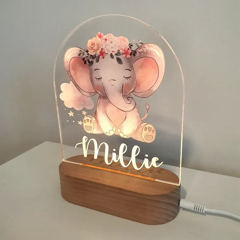 Personalised Garland Elephant Night Light Custom Name LED Lamp Baby Gift for Kids-Jessemade AU
