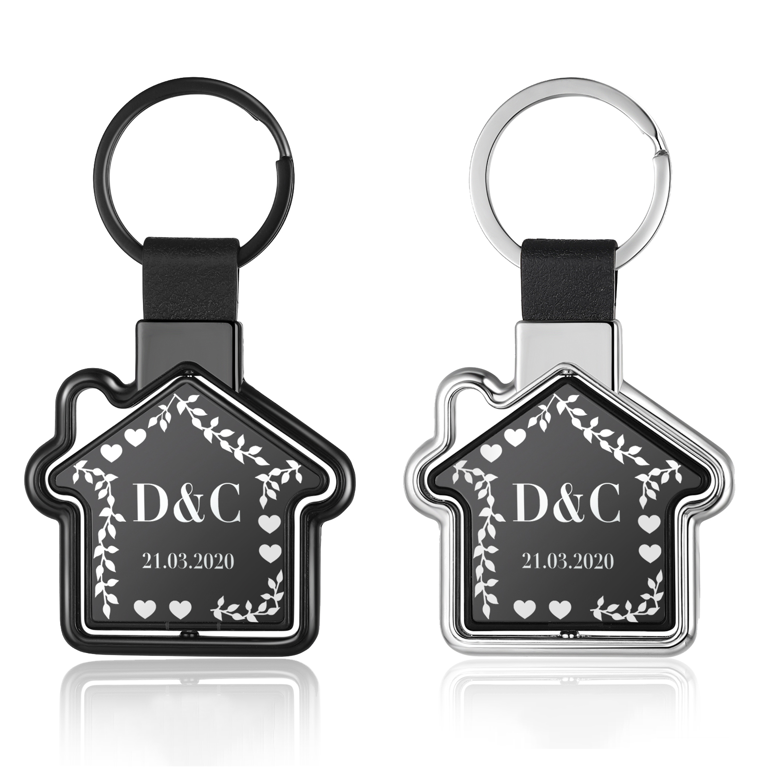 2 PCS Couple Keychain Set Custom 4 Letters & 2 Dates Keyring House-Shaped Metal Keychain Valentine's Day Gift for Him/Her-Jessemade AU