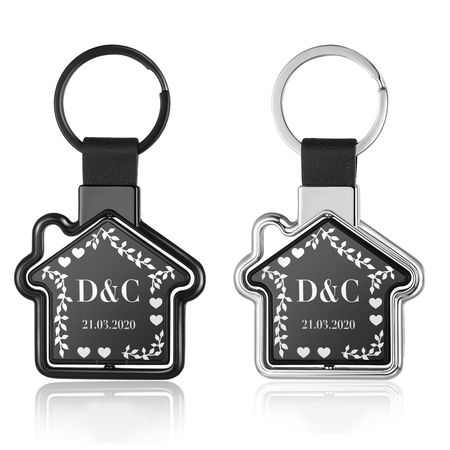 2 PCS Couple Keychain Set Custom 4 Letters & 2 Dates Keyring House-Shaped Metal Keychain Valentine's Day Gift for Him/Her-Jessemade AU