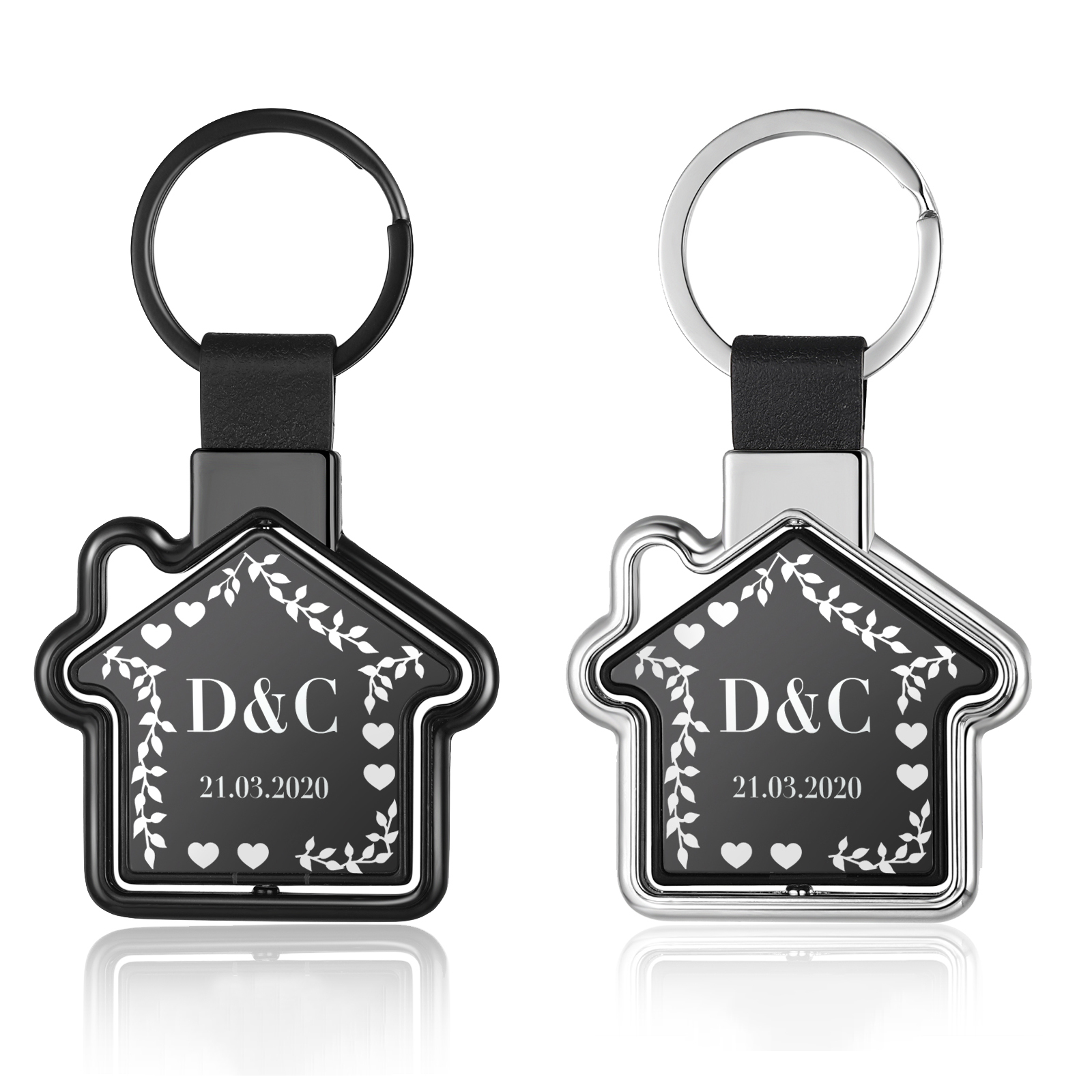 2 PCS Couple Keychain Set Custom 4 Letters & 2 Dates Keyring House-Shaped Metal Keychain Valentine's Day Gift for Him/Her-Jessemade AU
